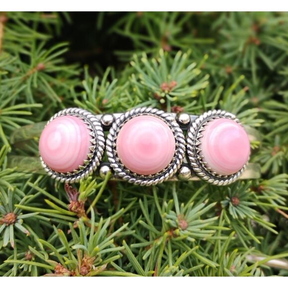 Southwest Sterling Silver Pink Conch Shell Stacker Row Cuff Bracelet - Picture 2 of 6